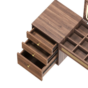 English Elm 39" Retro Bohemian Vanity Desk with Flip-Top Mirror & LED Lights, Rattan Drawers, 3-Drawer Storage, Walnut Finish N733P361800D