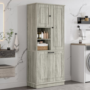 English Elm Tall Storage Cabinet with Flip-Out Basket, Adjustable Shelves & Aluminum Handles for Organized Living Oak N725P322739L