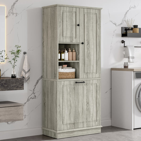 English Elm Tall Storage Cabinet with Flip-Out Basket, Adjustable Shelves & Aluminum Handles for Organized Living Oak N725P322739L