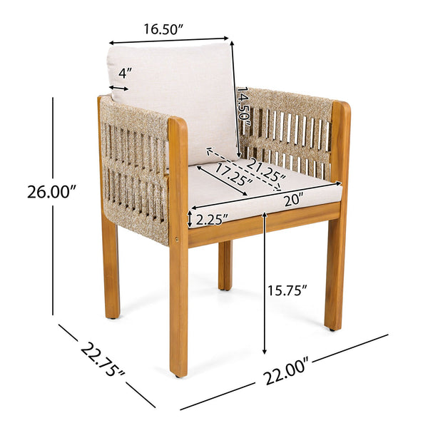 English Elm Acacia Wood Outdoor Dining Chair Set with Rope Arms and Waterproof Cushions N779P279983M