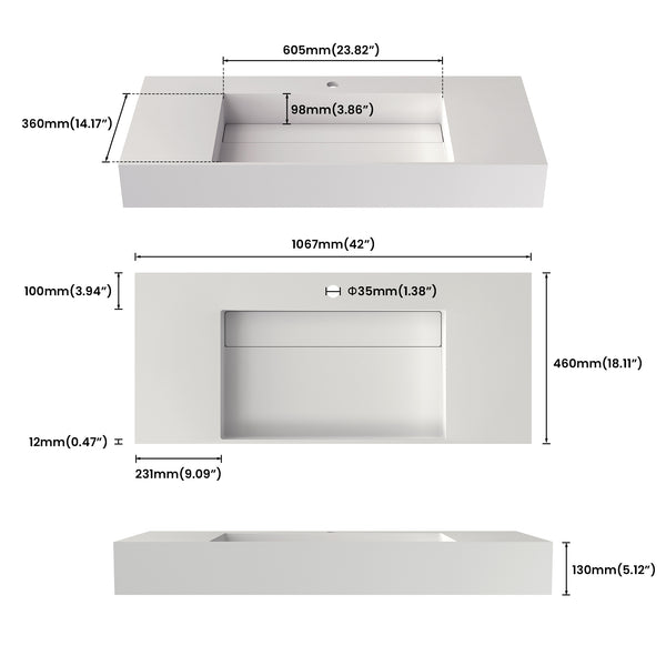 English Elm 42'' Solid Surface Pedestal Basin Matte White Waterfall Edge Sculptural Bathroom Sink T3785P491215