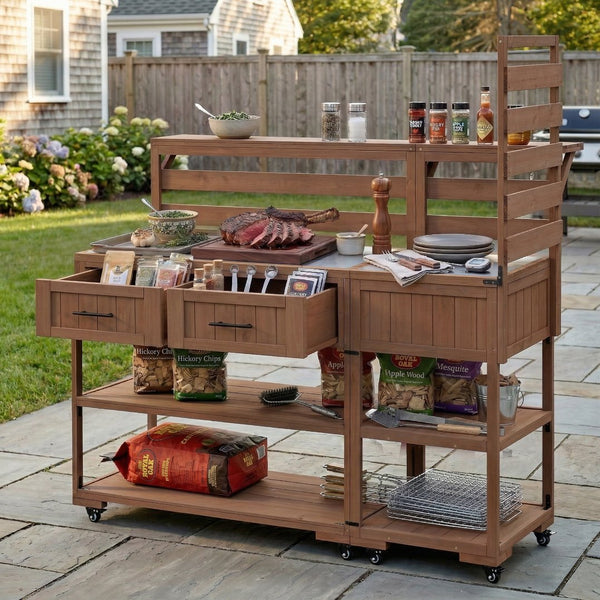 English Elm Topmax Modular Fir Wood Outdoor Kitchen Cart Stainless Steel Prep Station Brown N717P417963D