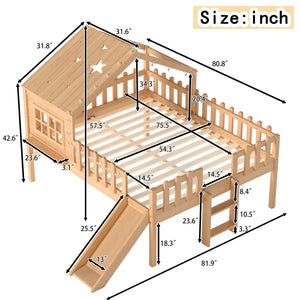 English Elm Twin Playhouse Loft Bed Solid Pine Frame with Slide Led Lights and Star Roof Natural W5316S00005