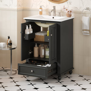 English Elm 24'' French Style Bathroom Vanity with Ceramic Sink Soft Close Cabinet and Drawer Black N710P411227B