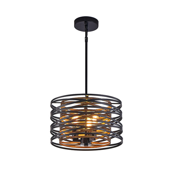 English Elm 13" Rustic Industrial Pendant Light - 3-Light Black & Walnut Metal Cage Chandelier with Wood Accents for Kitchen Island Dining Room Modern Farmhouse W2312P368683