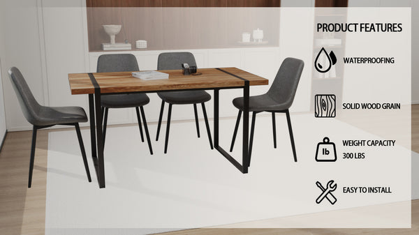 English Elm 59" Industrial Dining Set with Suede Chairs Matte Metal Base Mdf Table Seats Four Brown Grey W2189S00933