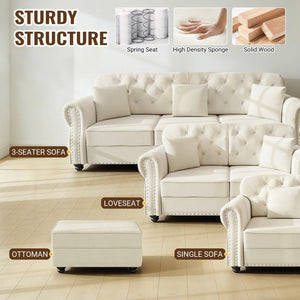 English Elm Upholstered Velvet Chesterfield Sofa Set with Button Tufting Nailhead Trim and Ottoman Beige+White W1885S00388