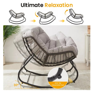 English Elm Dark Wicker Egg Rocking Chair with Ottoman Outdoor Pe Woven Patio Lounge Set Light Gray B082P455171