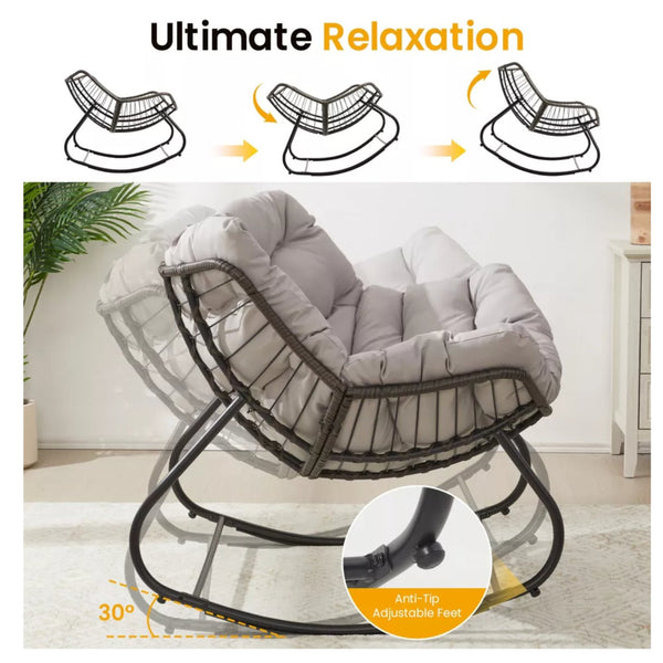 English Elm Dark Wicker Egg Rocking Chair with Ottoman Outdoor Pe Woven Patio Lounge Set Light Gray B082P455171