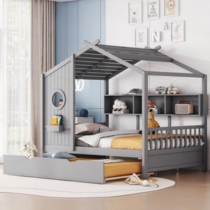 English Elm Wooden Full Size House Bed with Trundle and Built-In Shelves — Modern Pine Frame, Whimsical Roof Design Gray 57.2 L x 16.25 W x 5.9 H N733S316125E