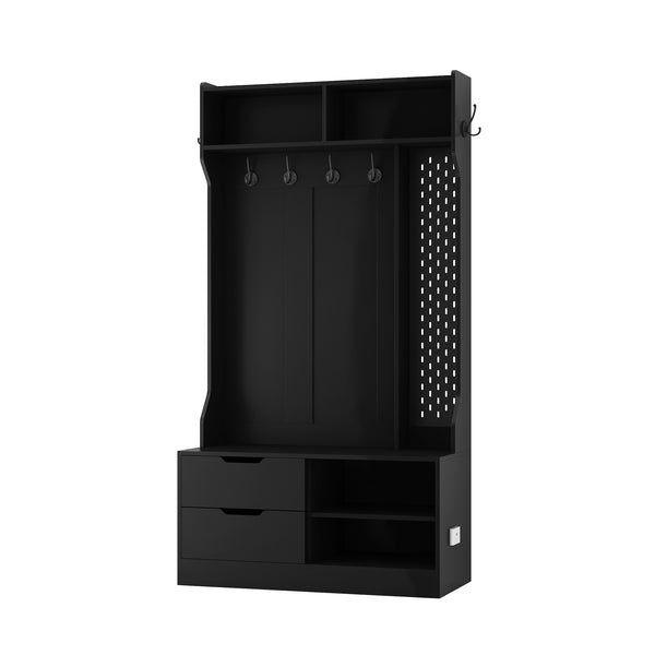English Elm Hall Tree Entryway Organizer with 6 Hooks, Storage Bench & Open Shelves for Shoes and Coats Black 58.46 L x 21.85 W x 6.5 H W1321P190220