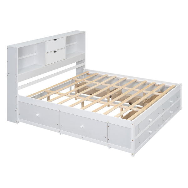English Elm King Platform Bed with 8 Drawers Open Headboard Compartments and Pine Wood Frame White GX000454AAK-1