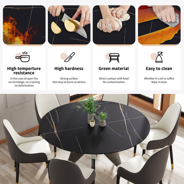 English Elm 59.05" Round Marble Dining Table - Stylish Silver Stainless Steel Base For 6-8 People, Durable Design W1535S00391