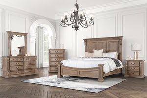 English Elm Formal Weathered Panel Queen Bed with Carved Dentil Moldings, Reeded Posts and Rustic Finish Oak 83 L x 13 W x 6 H B2741S00742