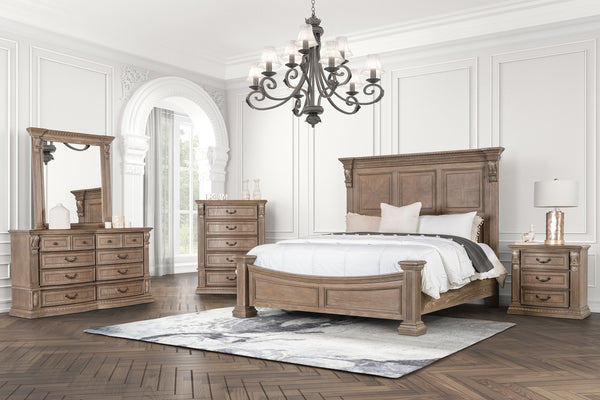 English Elm Formal Weathered Panel Queen Bed with Carved Dentil Moldings, Reeded Posts and Rustic Finish Oak 83 L x 13 W x 6 H B2741S00742