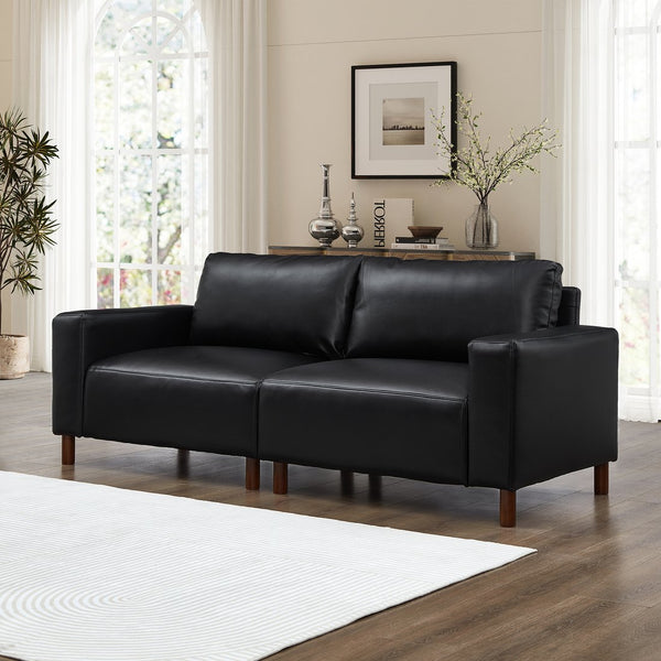 English Elm 78.5" Mid-century Faux Leather Loveseat with Solid Wood Legs for Living Room or Apartment Black W1097S00252