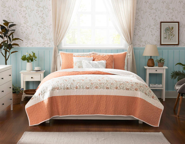 English Elm 6 Madison Park Dawn Cotton Percale Reversible Quilt Set with Paisley Pintuck, Lace Trim, Pillows, Full/Queen Coral 18.31 L x 23.03 W x 12.01 H B035129020