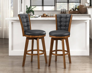 English Elm Button-Tufted 29" Swivel Bar Chairs Set of 2 - Chestnut Wood Frame, Black Faux Leather, 360° Comfort B011P220996