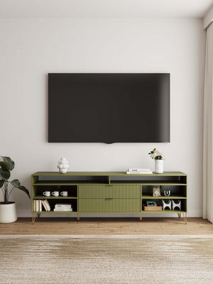 English Elm Dumbo 85" Fluted TV Stand with Gold Legs, 2 Drawers & 6 Shelves, Wire Management, Easy Snap Assembly Olive Green B365P397927
