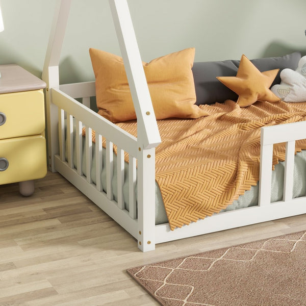 English Elm Twin Teepee Floor Bed With Guardrails - Cozy, Modern Design For Safe Independent Sleep Space W504P345776-GIGA