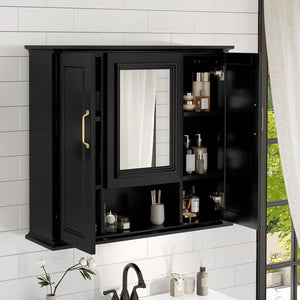 English Elm 36'' Mirror Cabinet with 3 Doors — Wall-Mounted Bathroom Storage Unit, MDF & Pine, Spacious Shelves Black N725P346902B
