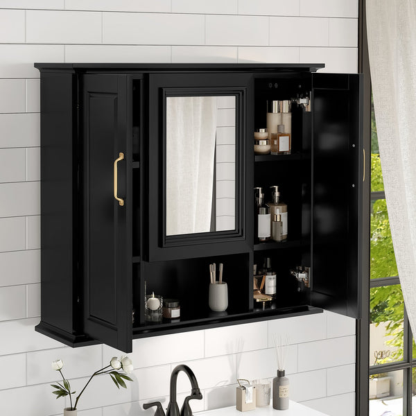 English Elm 36'' Mirror Cabinet with 3 Doors — Wall-Mounted Bathroom Storage Unit, MDF & Pine, Spacious Shelves Black N725P346902B
