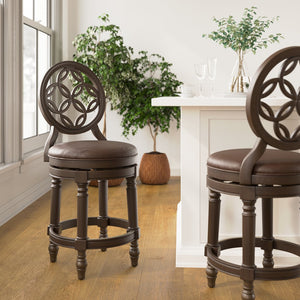 English Elm 26" Solid Wood Swivel Counterstool High Back Faux Leather Seat for Kitchen Island Walnut B2751P436476