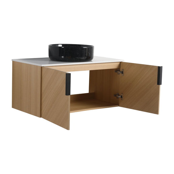 English Elm 36" Modern Wall-Mounted Bathroom Vanity With Ceramic Vessel Sink & Soft-Close Doors, Light Oak Finish W999S00452