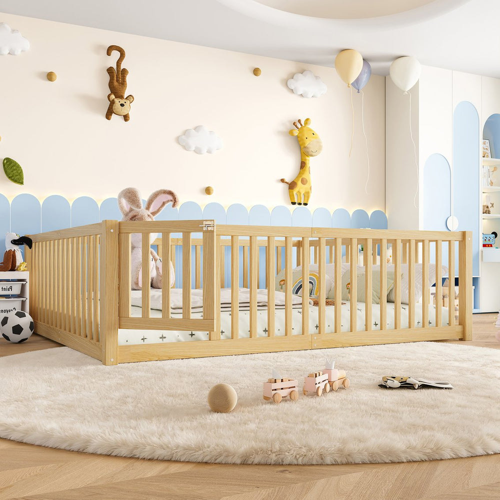 English Elm Queen Kids Floor Bed Pine Wood Frame with Safety Rails Door and Low Profile Design Natural W1580P417673