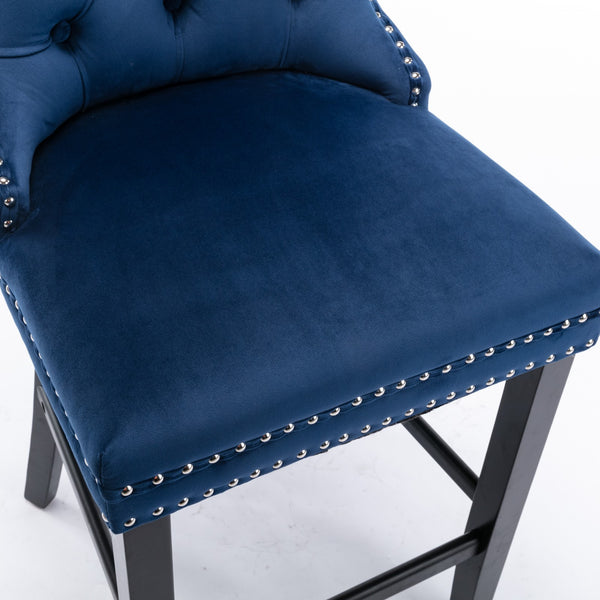 English Elm Contemporary Velvet Upholstered Barstool with Button Tufting, Solid Wood Frame, High-Rebound Foam Cushion and Chrome Nailhead Trim for Durable Comfort and Style Blue W1143P177249