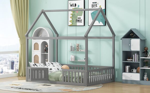 English Elm Full Size Pine House Bed with Pitched Roof Fence and Door for Kids Playroom WF531502AAE