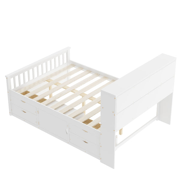 English Elm Full Size Captain Platform Bed Frame With Bookcase Headboard, Storage Drawers & White Finish N7090000473K