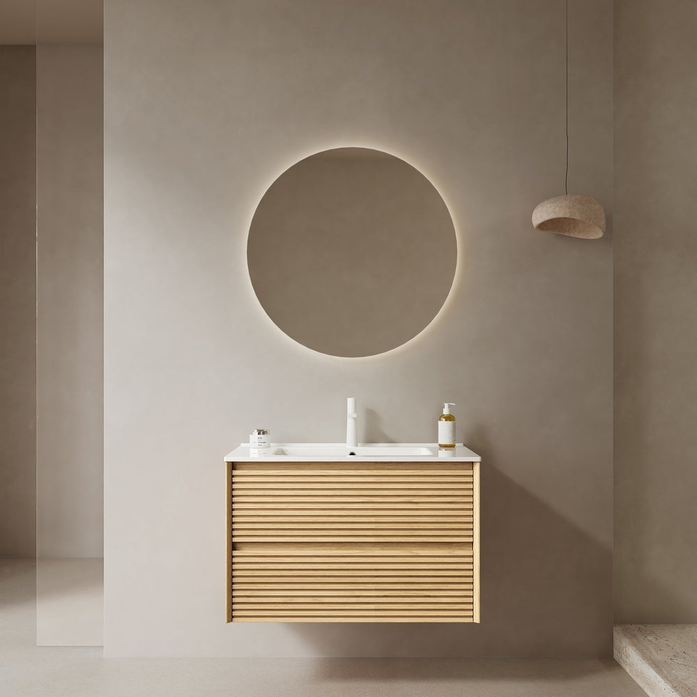 English Elm BRON 30" Bathroom Vanity with Ceramic Sink, Corolla Oak Grain Floating Wall-Mount Cabinet, Soft-Close Drawers W2615P264554