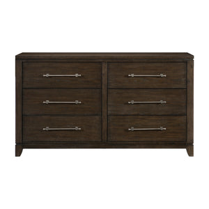 English Elm Contemporary Ash Veneer Six Drawer Dresser Dark Brown Finish with Pewter Bar Pulls B011P208531