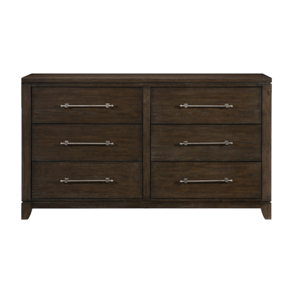 English Elm Contemporary Ash Veneer Six Drawer Dresser Dark Brown Finish with Pewter Bar Pulls B011P208531