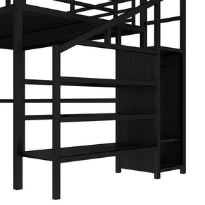 English Elm Twin Xl Metal Loft Bed with Stair Storage Shelves Sturdy Steel Frame for Dorms W1580S00545