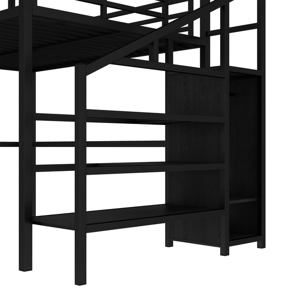 English Elm Twin Xl Metal Loft Bed with Stair Storage Shelves Sturdy Steel Frame for Dorms W1580S00545