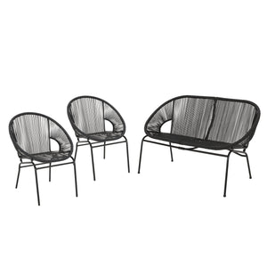 English Elm Christopher Knight Home® - NUSA Faux Wicker 3-Piece Outdoor Patio Chat Set with Rustproof Iron Frame, Curved Club Chairs & Loveseat Black NUSA3PCSETBLK