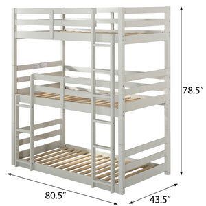English Elm Light Triple Bunk Bed Twin Over Twin Solid & Composite Wood Loft with Slats, Guardrails, Ladders, Versatile Use B062S00460