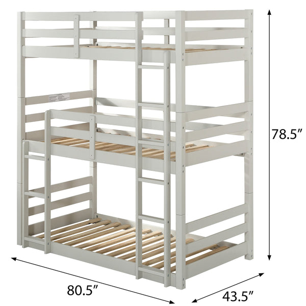 English Elm Light Triple Bunk Bed Twin Over Twin Solid & Composite Wood Loft with Slats, Guardrails, Ladders, Versatile Use B062S00460