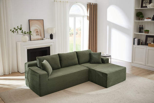 English Elm L-Shaped Cloud Sectional Sofa - Plush Green Corduroy Sleeper, No Assembly, Ideal For Living Spaces W2339P294929