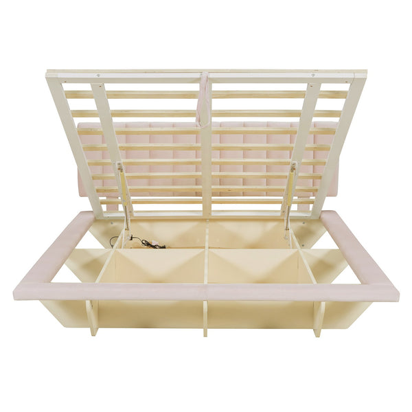 English Elm Queen Upholstered Floating Bed with LED Lighting, Hydraulic Lift, 4 Storage Drawers, Velvet Luxury Pink SF000132AAH