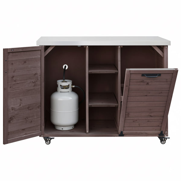 English Elm K&k Outdoor Rolling Kitchen Island Fir Wood Stainless Steel Top with Foldable Prep Station Dark Brown N707P370276Z