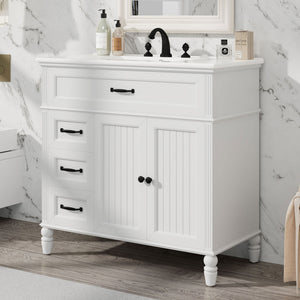 English Elm [video] 36 Inch Freestanding Bathroom Vanity Acacia Wood Legs Ceramic Sink Soft Close White N759S340019K