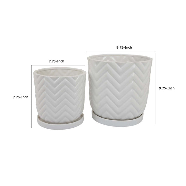 English Elm Camie White Ceramic Planter Duo with Saucers Chevron Texture Glossy Finish Indoor B056P417015