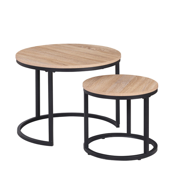 English Elm 24" Round Nesting Coffee Tables Natural Oak Mdf Top Metal Frame Modern Industrial Set W3151P412658