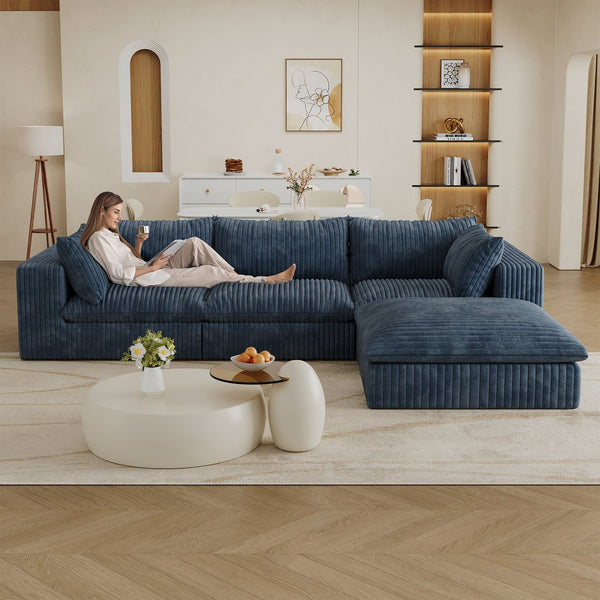 English Elm 118.2" Modular Cloud Sofa Corduroy Upholstered Deep Seat Lounge for Living Room Blue W2824S00153