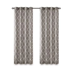 JLA Home Madison Park - Fretwork Metallic Fret Print Curtain Panel with Gunmetal Grommets — Textured Cotton-Blend Light Filter Grey/White MP40-1284