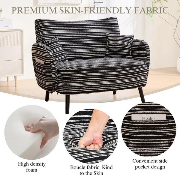 English Elm Modern tufted two-seater sofa with boucle upholstery, tapered legs, storage pockets and plush comfort for small spaces and offices Black W395P376591