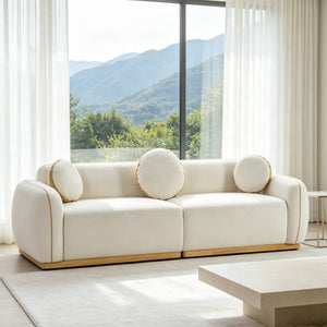 English Elm 90.94'' Three Seat Contemporary Curved Sofa with Round Accent Pillows for Modern Living Beige+White W2085S00093